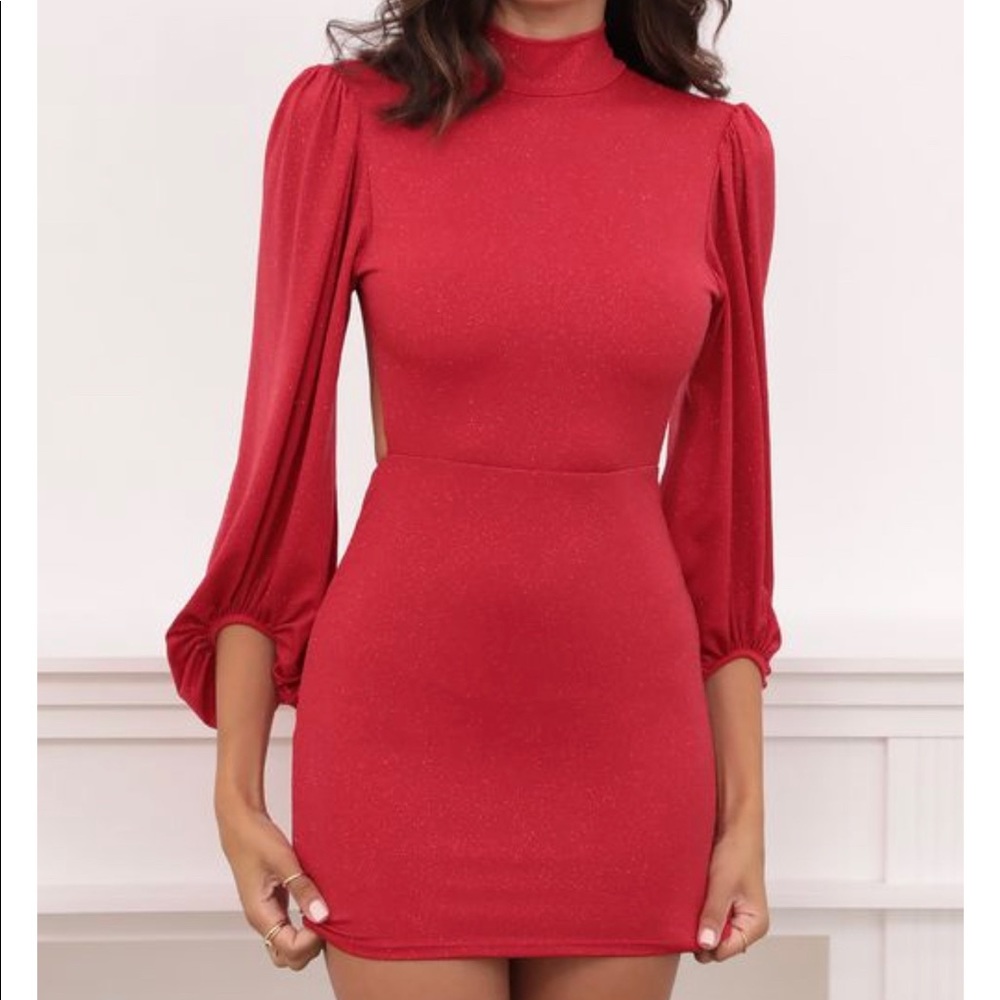 Lucy in the Sky Halter Balloon Sleeve Dress in Red Sparkle